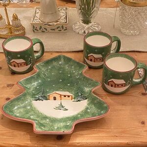 Tree-Shaped🎄 Hand painted Hand crafted Pottery Tree Platter with 3 Cabin🏡 Mugs
